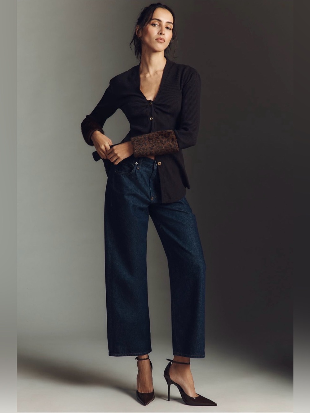 Maeve Faux Fur Cuff Button-Front Top